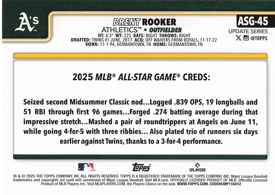 2025 Topps Update Baseball 2025 All-Star Game Brent Rooker #ASG-45