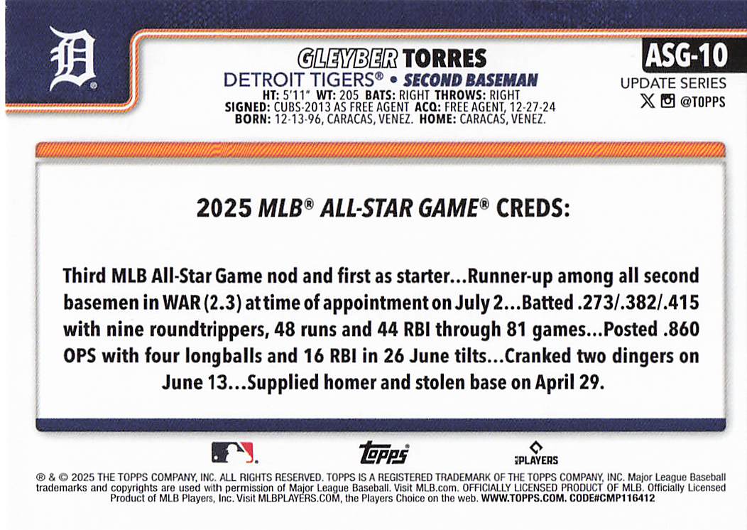 2025 Topps Update Baseball 2025 All-Star Game Gleyber Torres #ASG-10