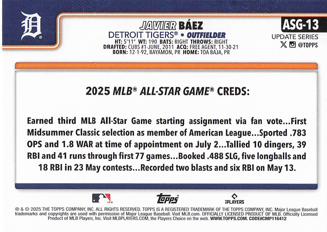 2025 Topps Update Baseball 2025 All-Star Game Javier Báez #ASG-13