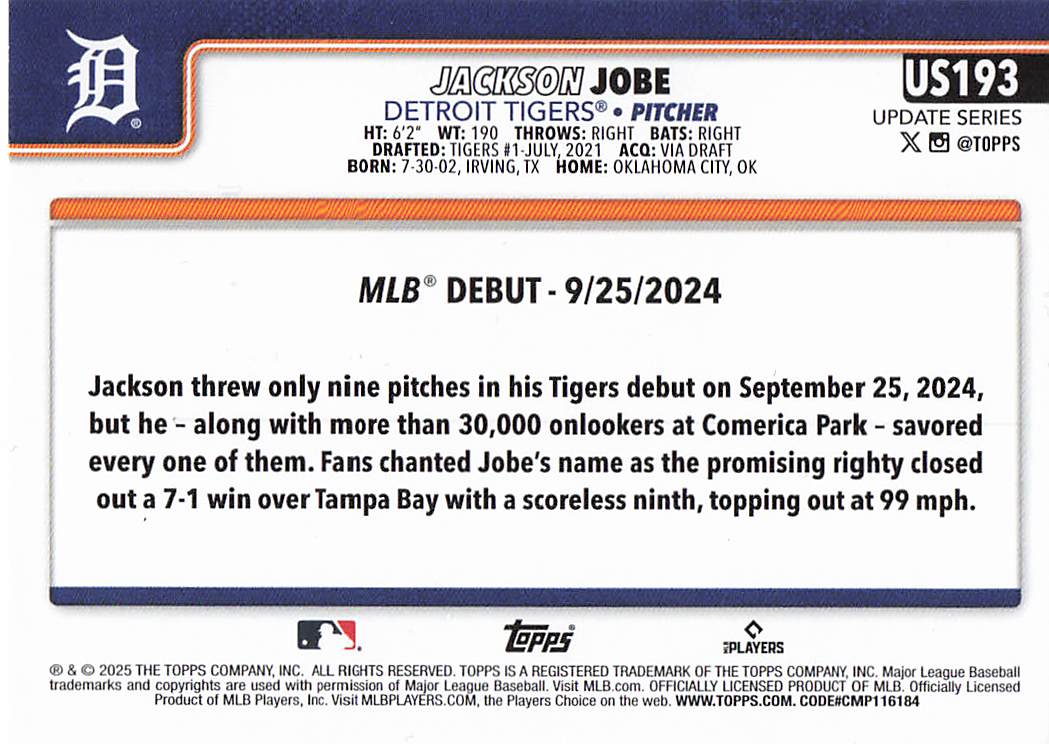 2025 Topps Update Baseball Jackson Jobe #US193