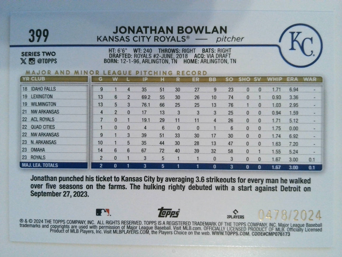 2024 Topps Baseball Gold 0478/2024 Jonathan Bowlan #399 Rookie