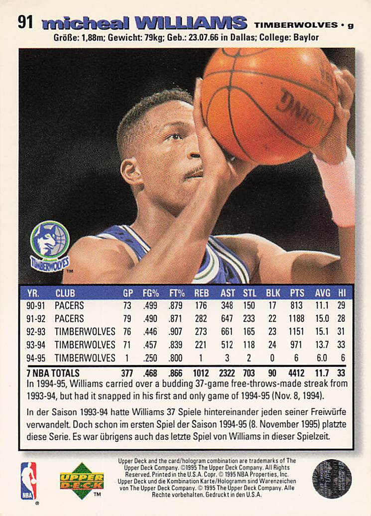1995-96 Collector's Choice German I Basketball Micheal Williams #91