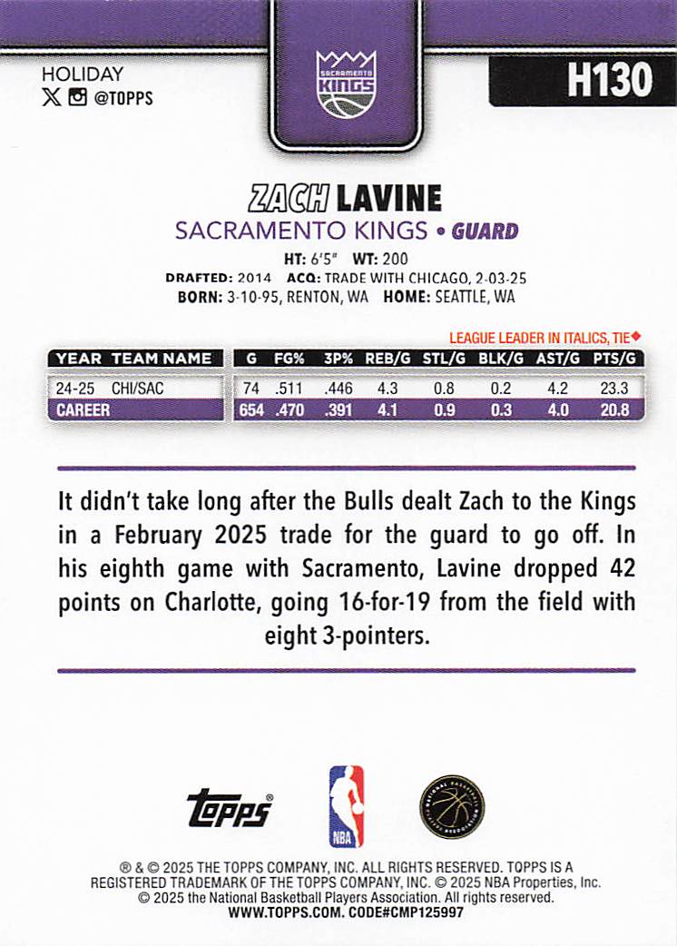 2025-26 Topps Holiday Basketball Zach LaVine #H130