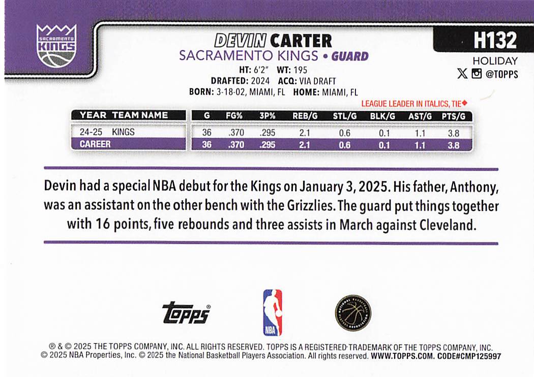 2025-26 Topps Holiday Basketball Devin Carter #H132