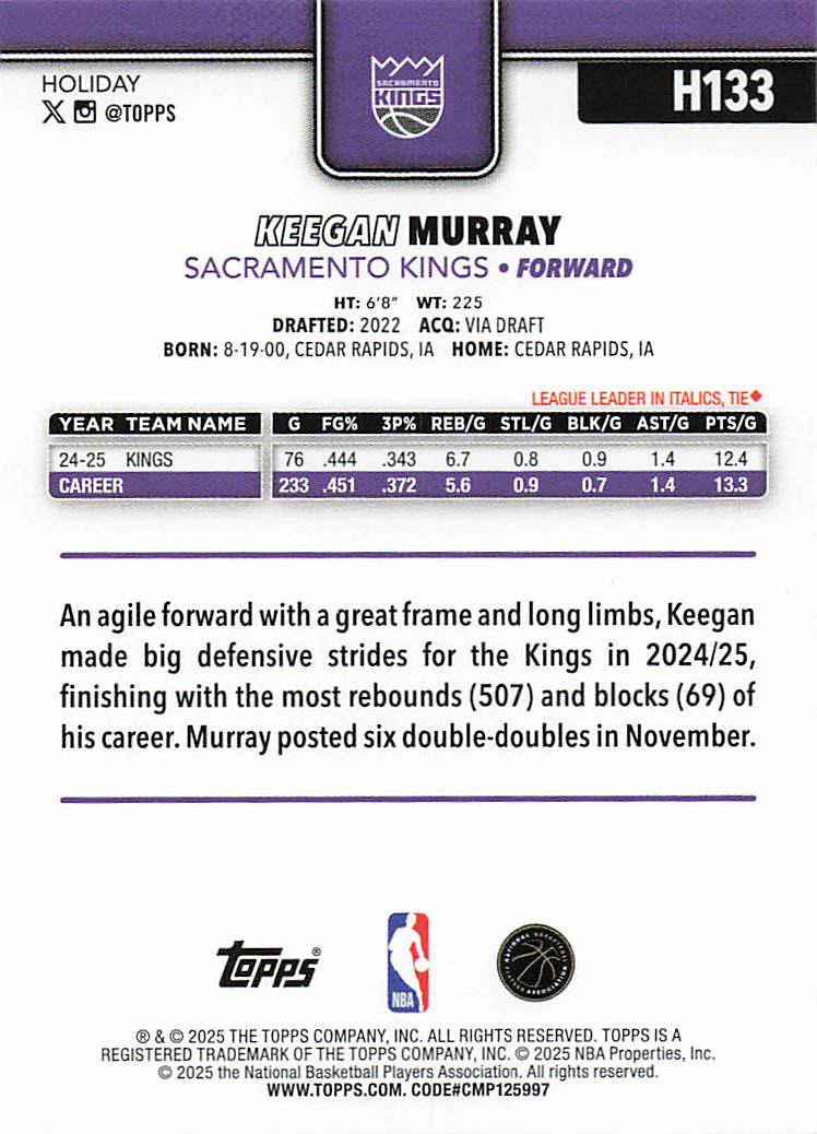 2025-26 Topps Holiday Basketball Keegan Murray #H133