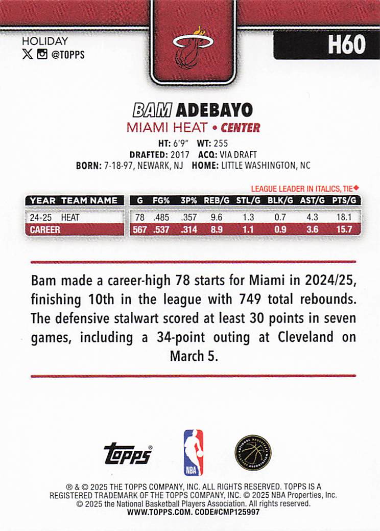 2025-26 Topps Holiday Basketball Bam Adebayo #H60