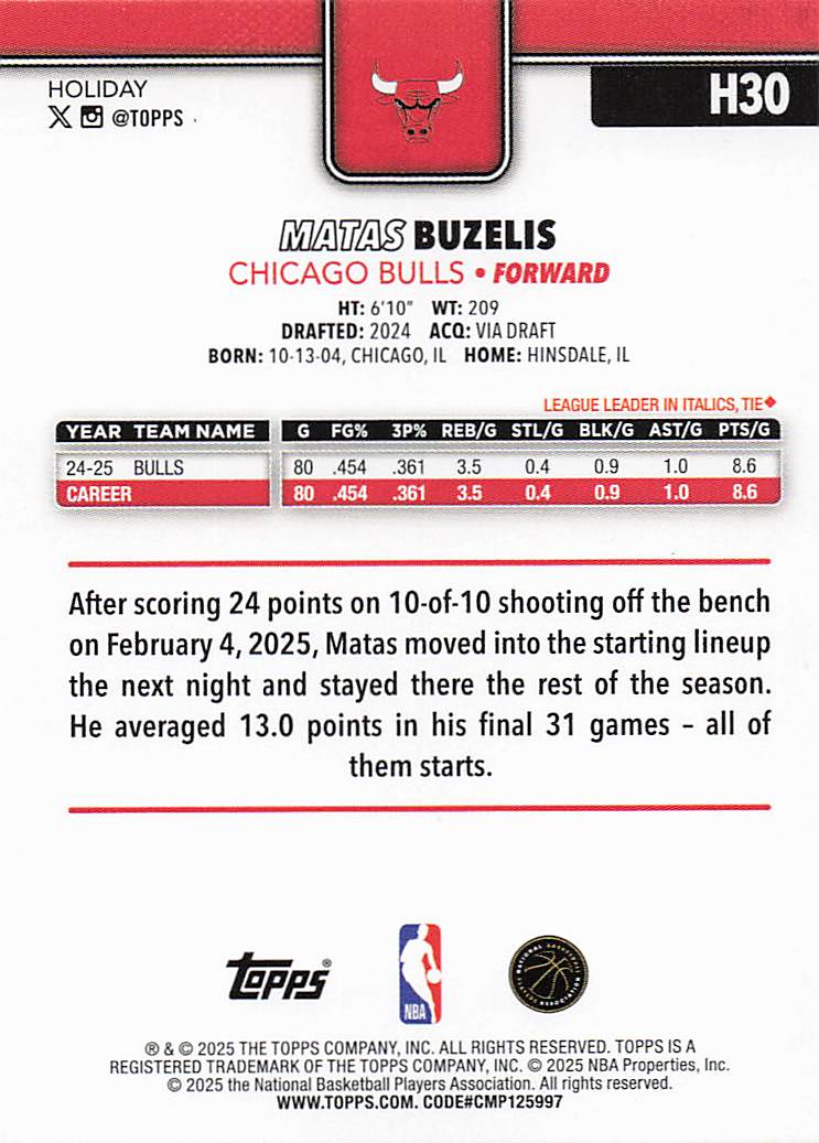2025-26 Topps Holiday Basketball Matas Buzelis #H30