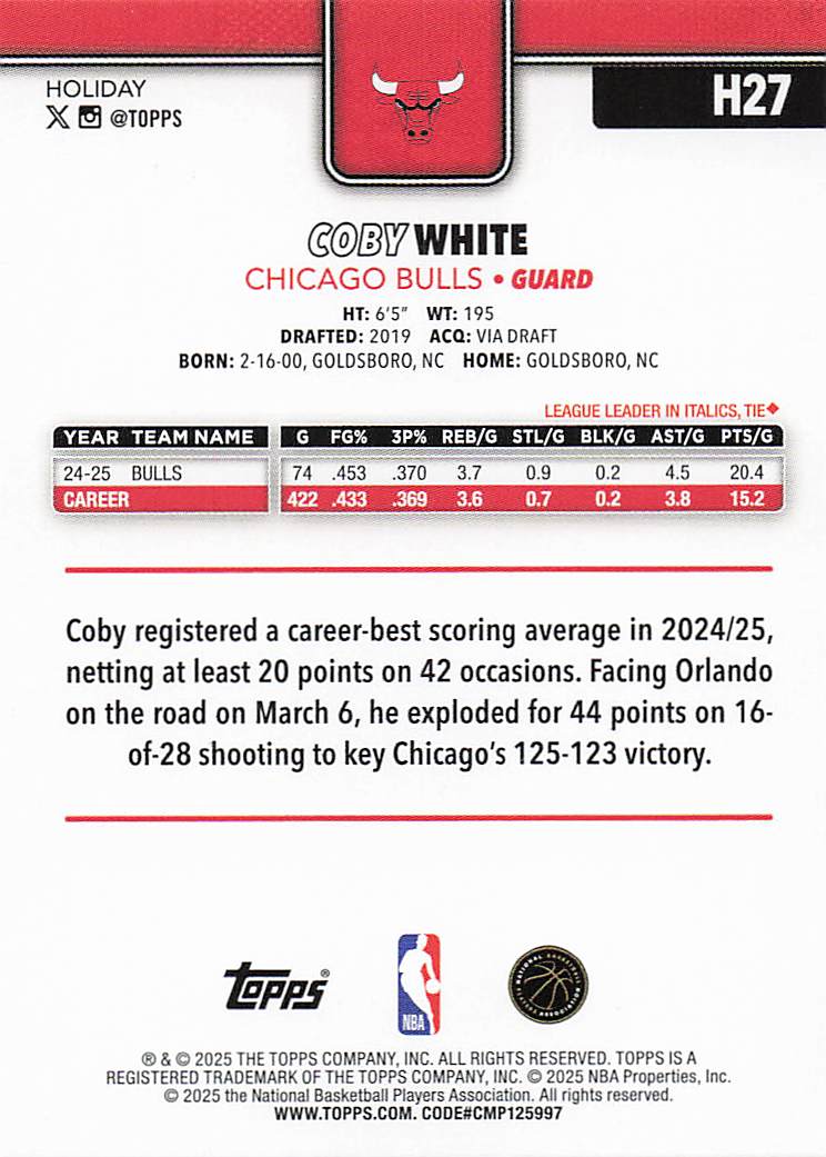 2025-26 Topps Holiday Basketball Coby White #H27