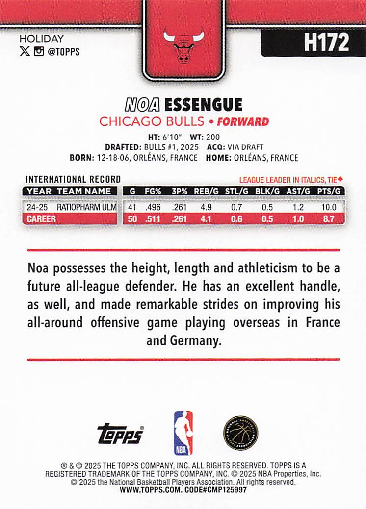 2025-26 Topps Holiday Basketball Noa Essengue #H172 Rookie