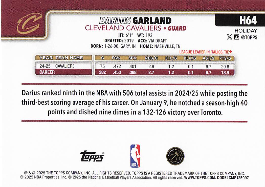 2025-26 Topps Holiday Basketball Darius Garland #H64
