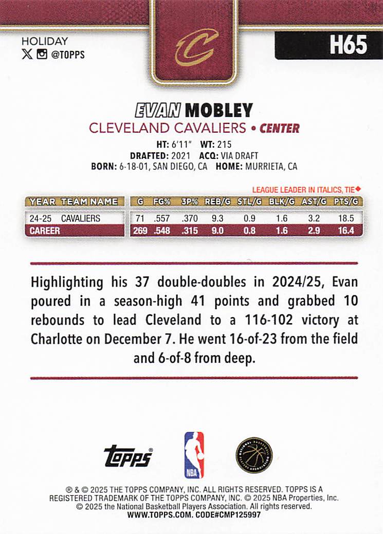 2025-26 Topps Holiday Basketball Evan Mobley #H65