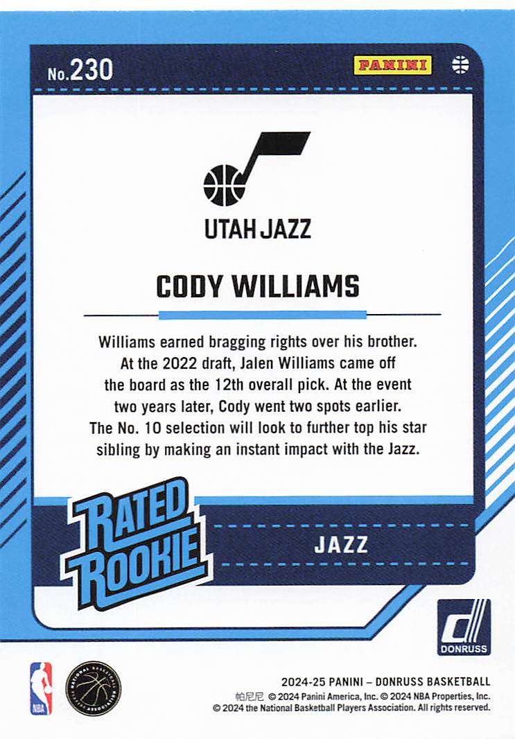 2024-25 Donruss Basketball Holo Laser Cody Williams #230 Rookie