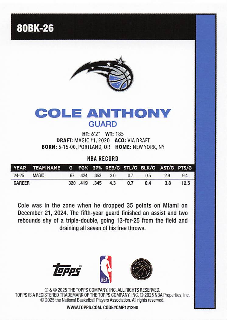 2025-26 Topps Basketball 1980-81 Topps Basketball Cole Anthony #80BK-26