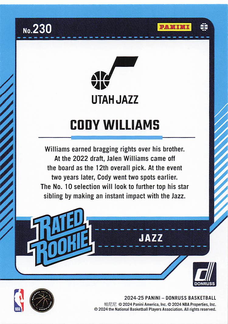 2024-25 Donruss Basketball Winter Cody Williams #230 Rookie