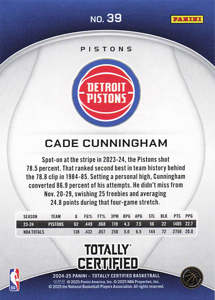2024-25 Panini Totally Certified Basketball Cade Cunningham #39