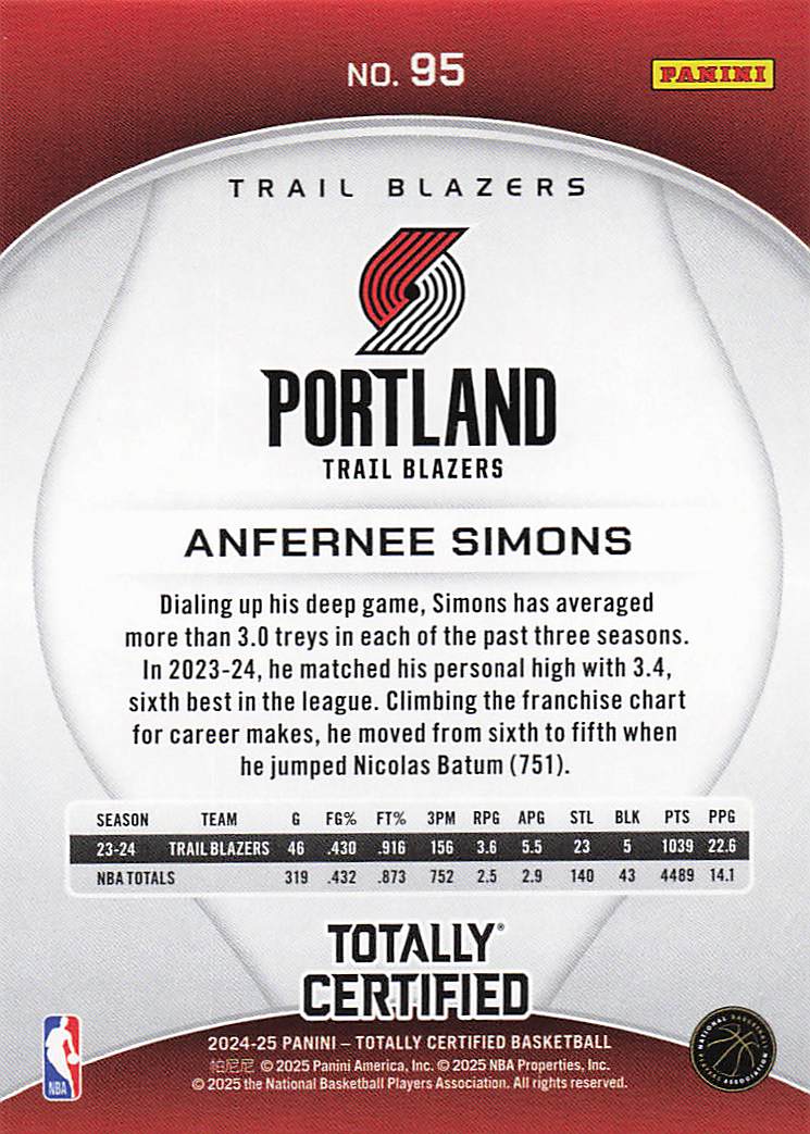 2024-25 Panini Totally Certified Basketball Anfernee Simons #95