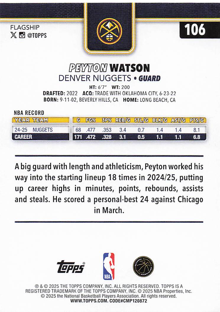 2025-26 Topps Basketball Season Tip Off Peyton Watson #106