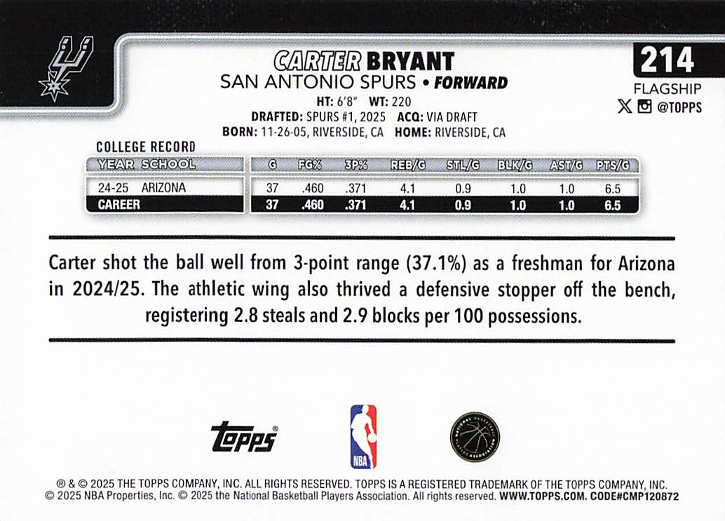 2025-26 Topps Basketball Rainbow Foilboard Carter Bryant #214 Rookie