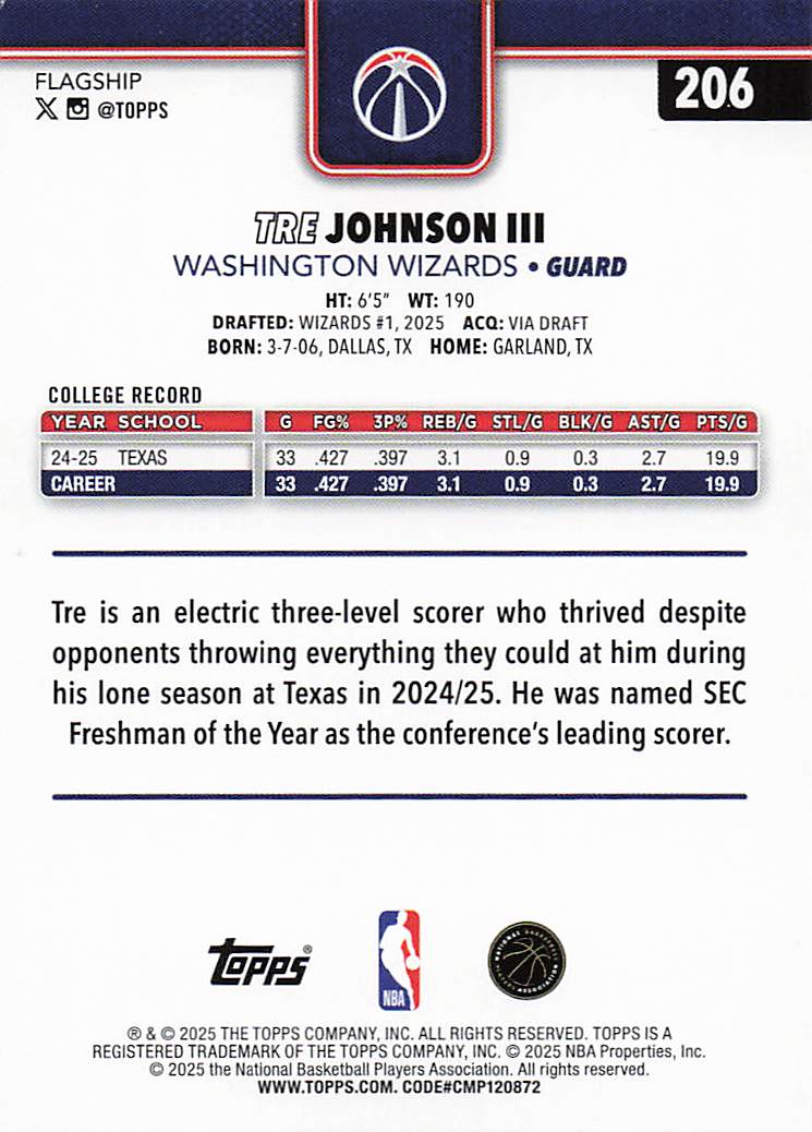 2025-26 Topps Basketball Rainbow Foilboard Tre Johnson III #206 Rookie