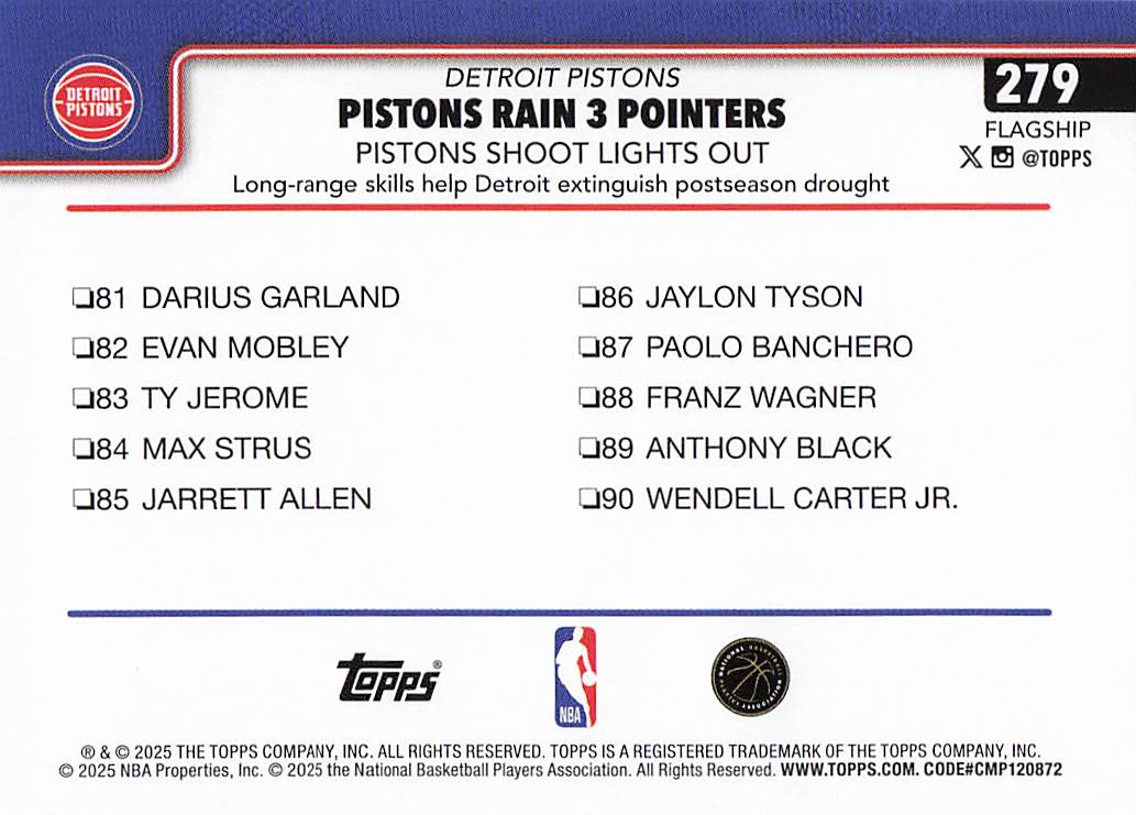 2025-26 Topps Basketball Pistons Rain 3 Pointers: Pistons Shoot Lights Out #279