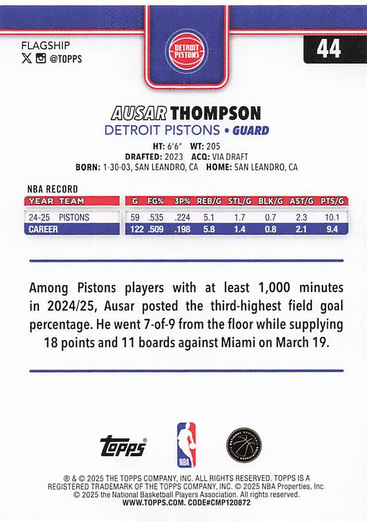 2025-26 Topps Basketball Ausar Thompson #44