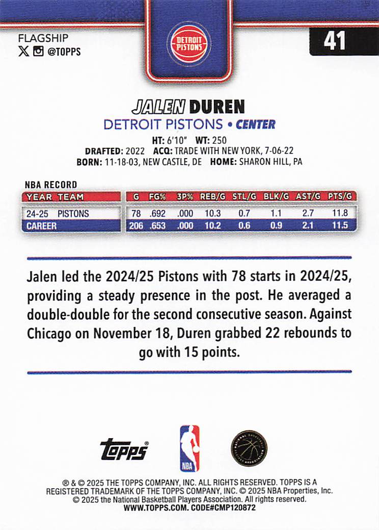 2025-26 Topps Basketball Jalen Duren #41