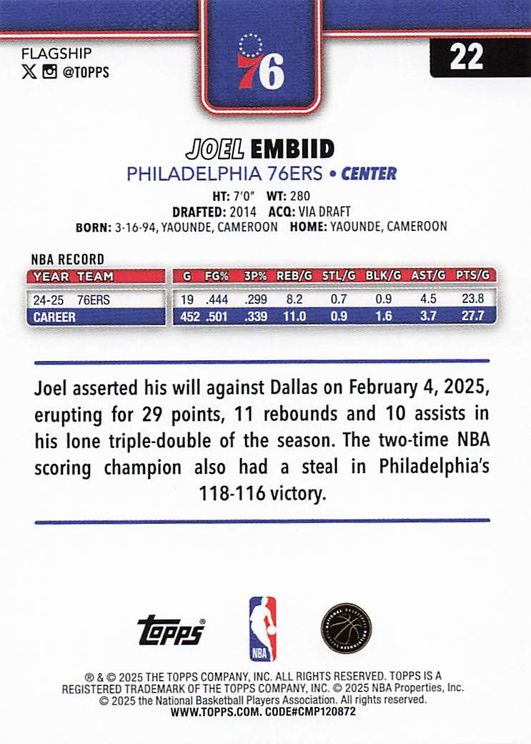 2025-26 Topps Basketball Joel Embiid #22