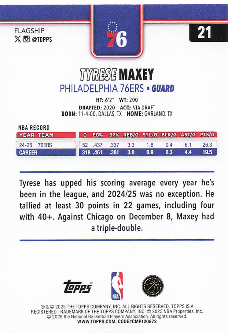 2025-26 Topps Basketball Tyrese Maxey #21