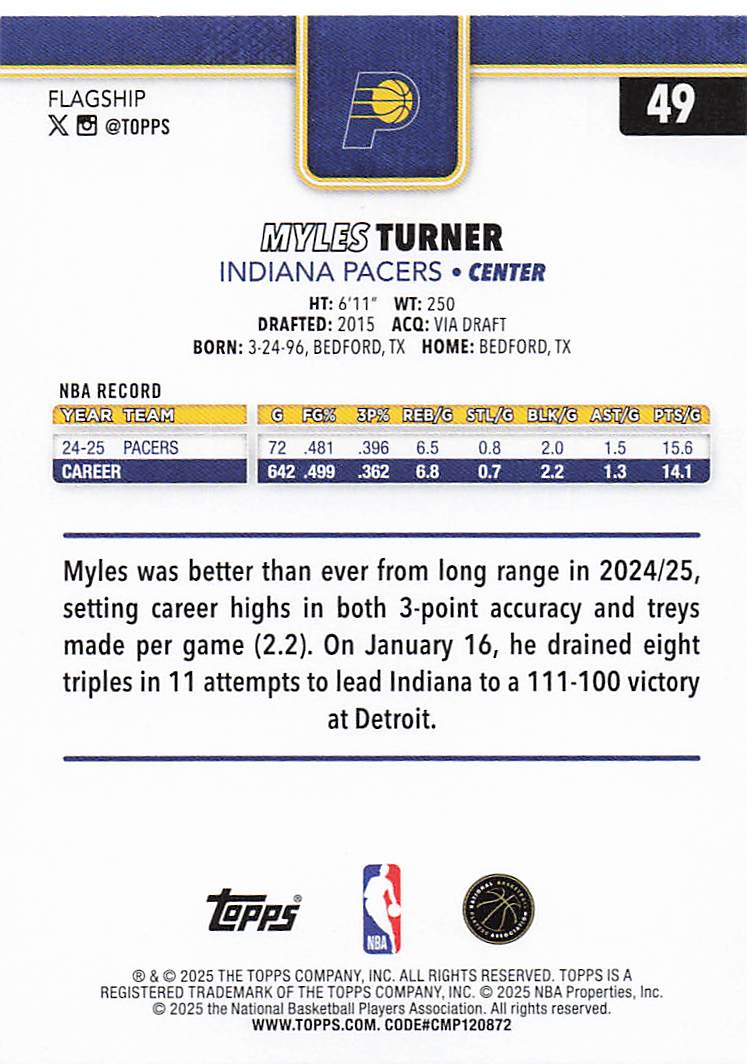 2025-26 Topps Basketball Myles Turner #49