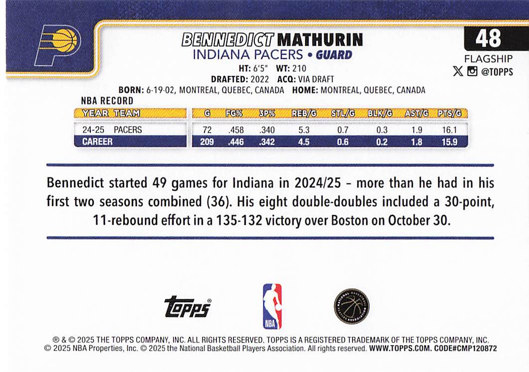 2025-26 Topps Basketball Bennedict Mathurin #48