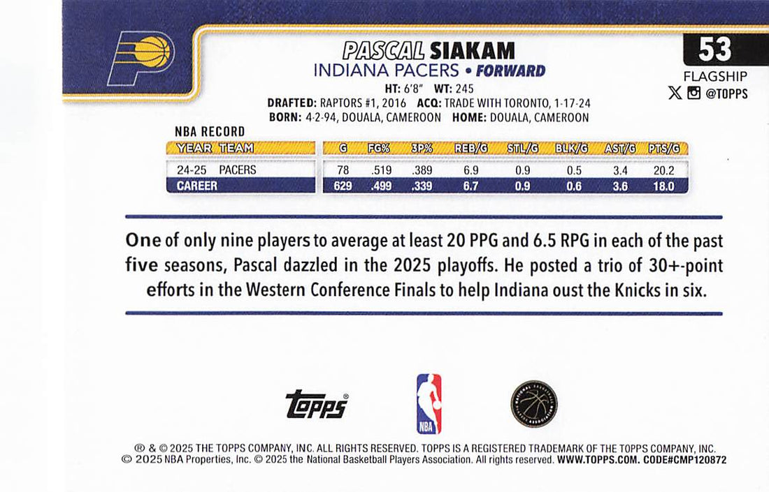 2025-26 Topps Basketball Pascal Siakam #53