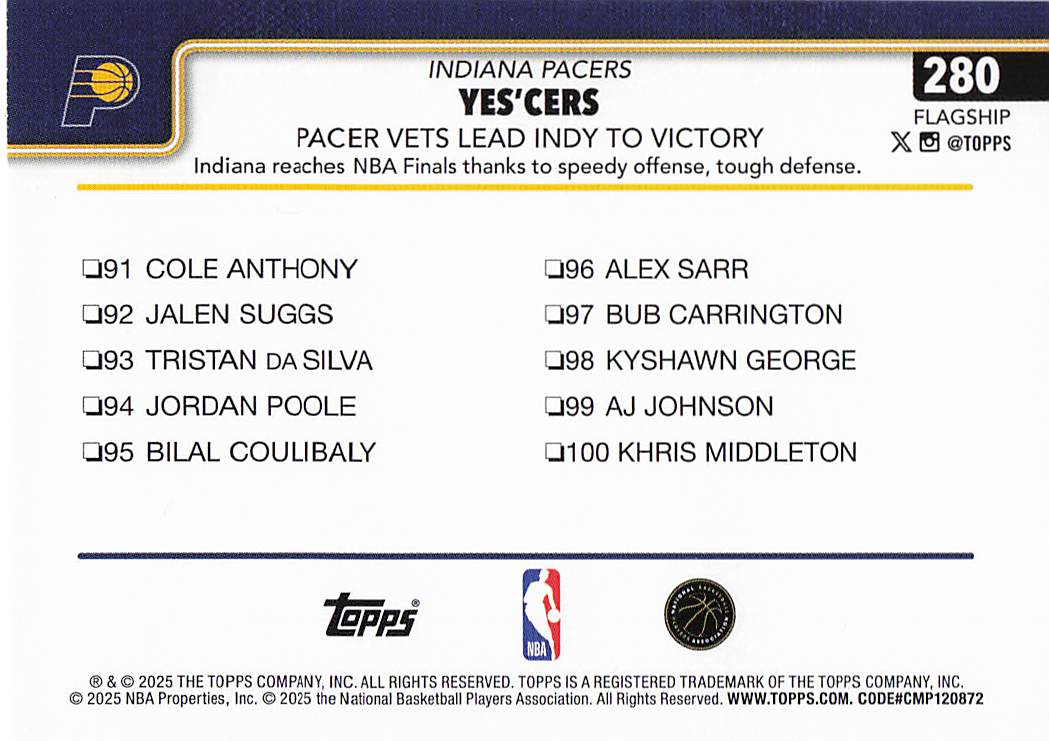 2025-26 Topps Basketball Yes'Cers: Pacer Vets Lead Indy To Victory #280