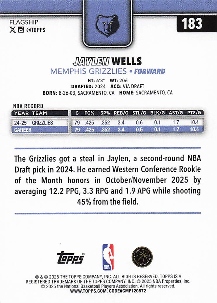 2025-26 Topps Basketball Jaylen Wells #183