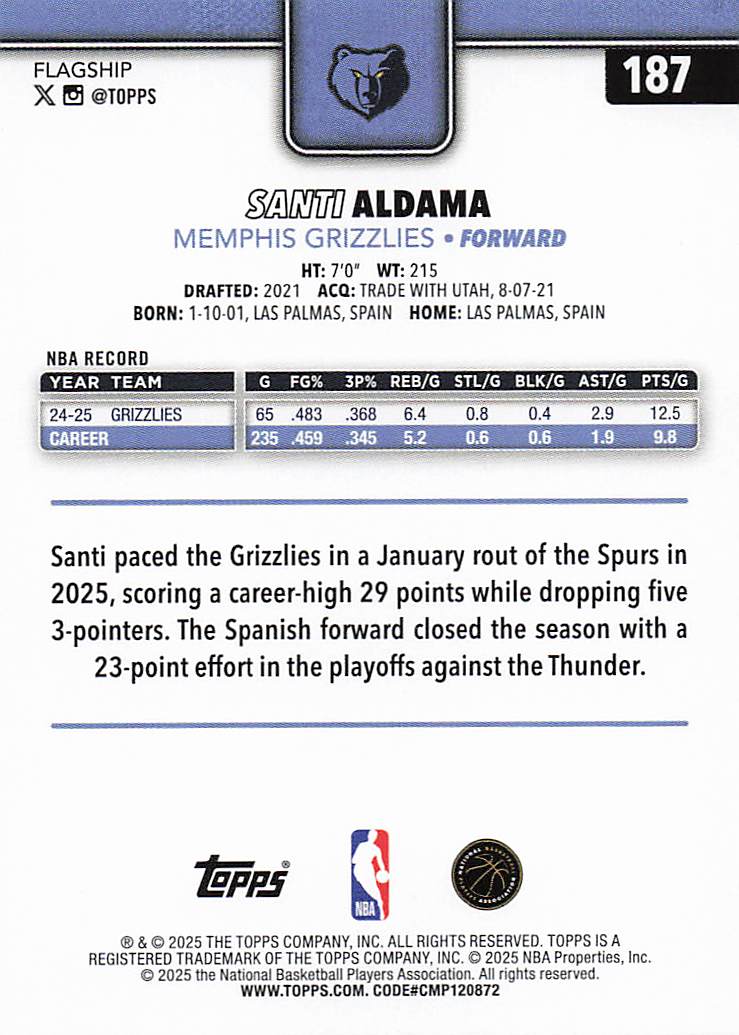 2025-26 Topps Basketball Santi Aldama #187