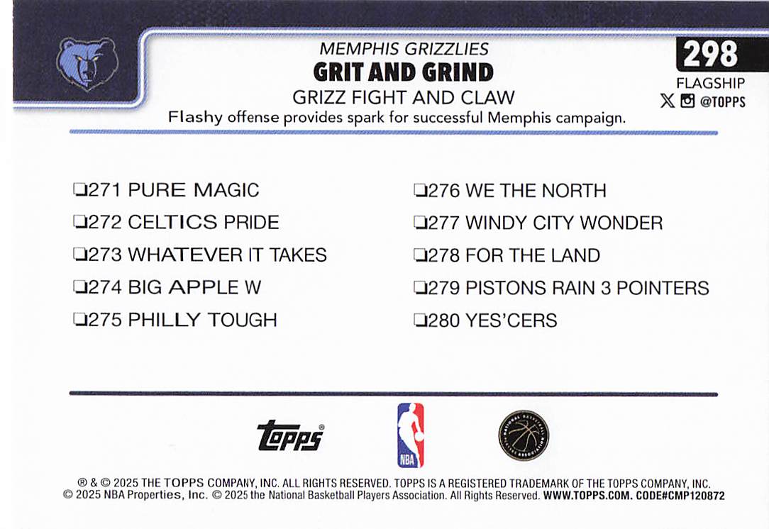 2025-26 Topps Basketball Grit and Grind: Grizz Fight and Claw #298