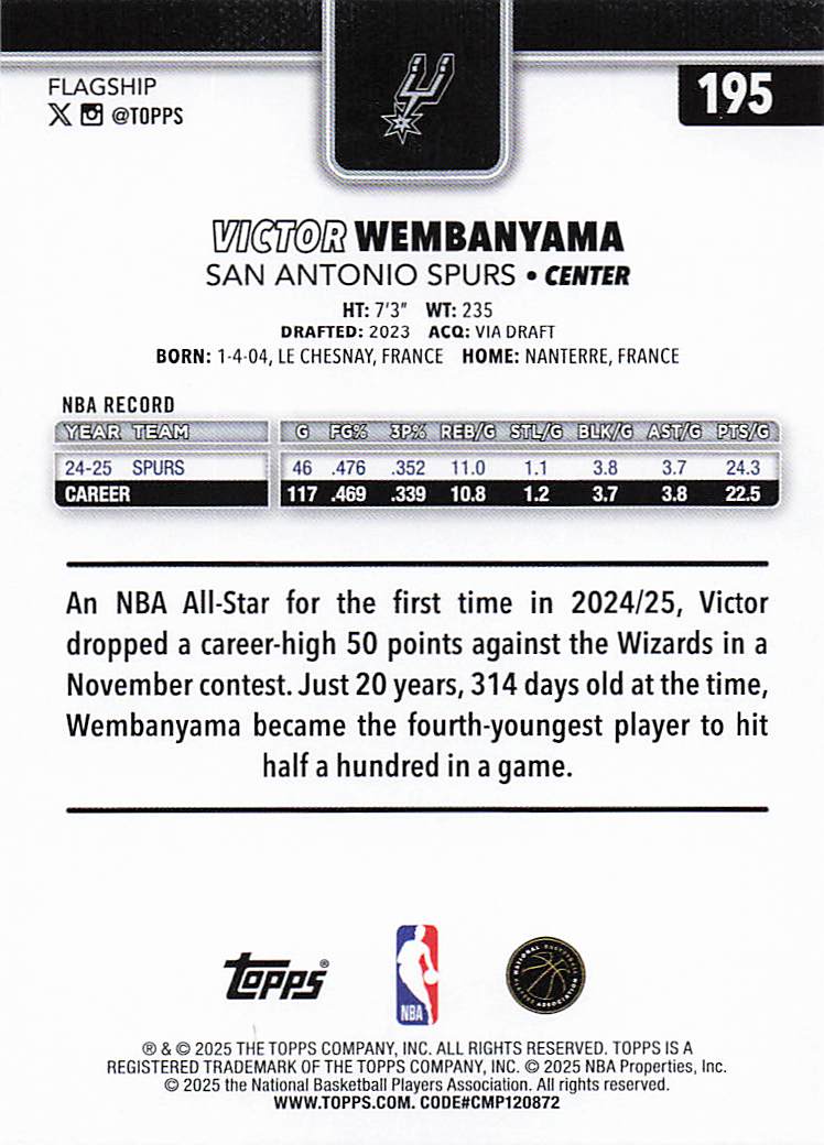 2025-26 Topps Basketball Victor Wembanyama #195