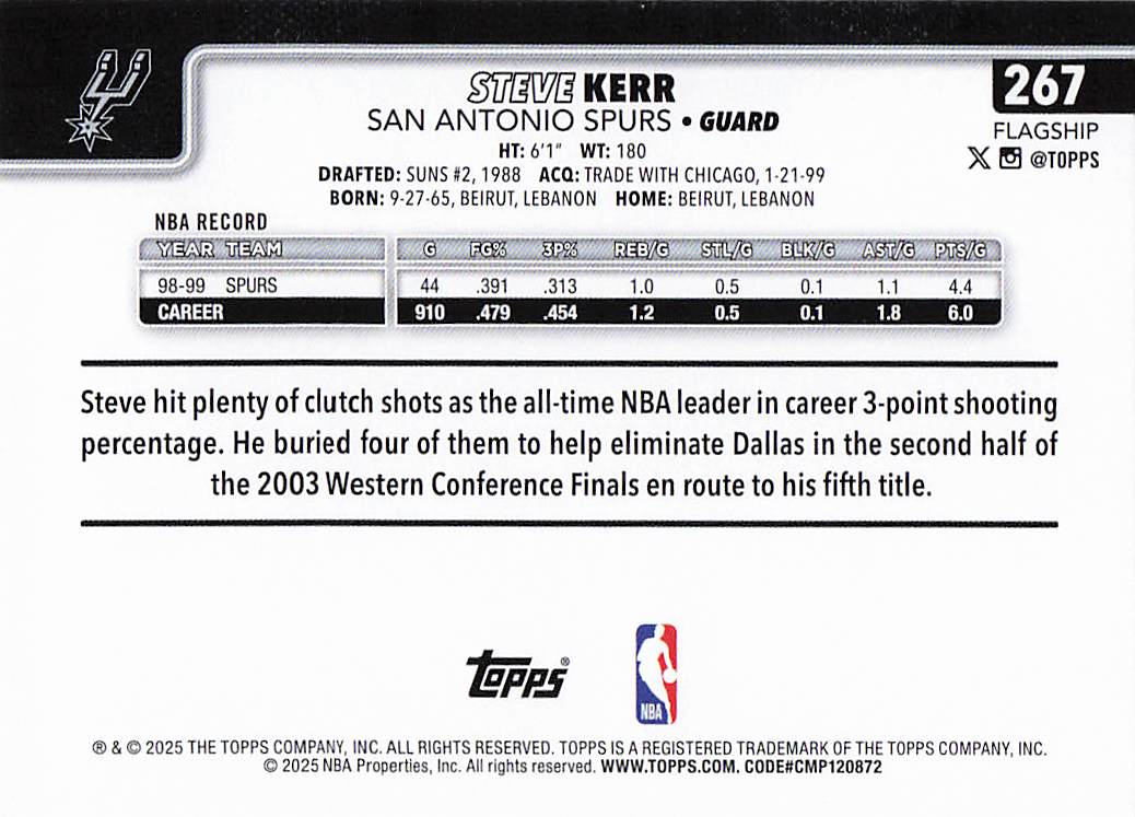 2025-26 Topps Basketball Steve Kerr #267