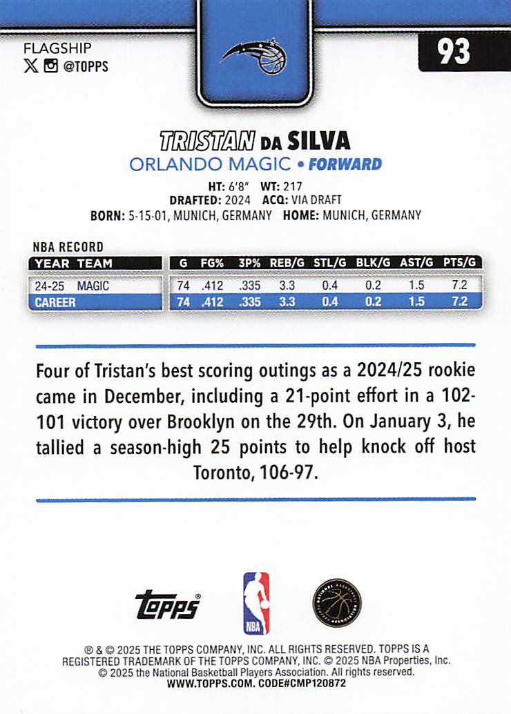 2025-26 Topps Basketball Tristan da Silva #93
