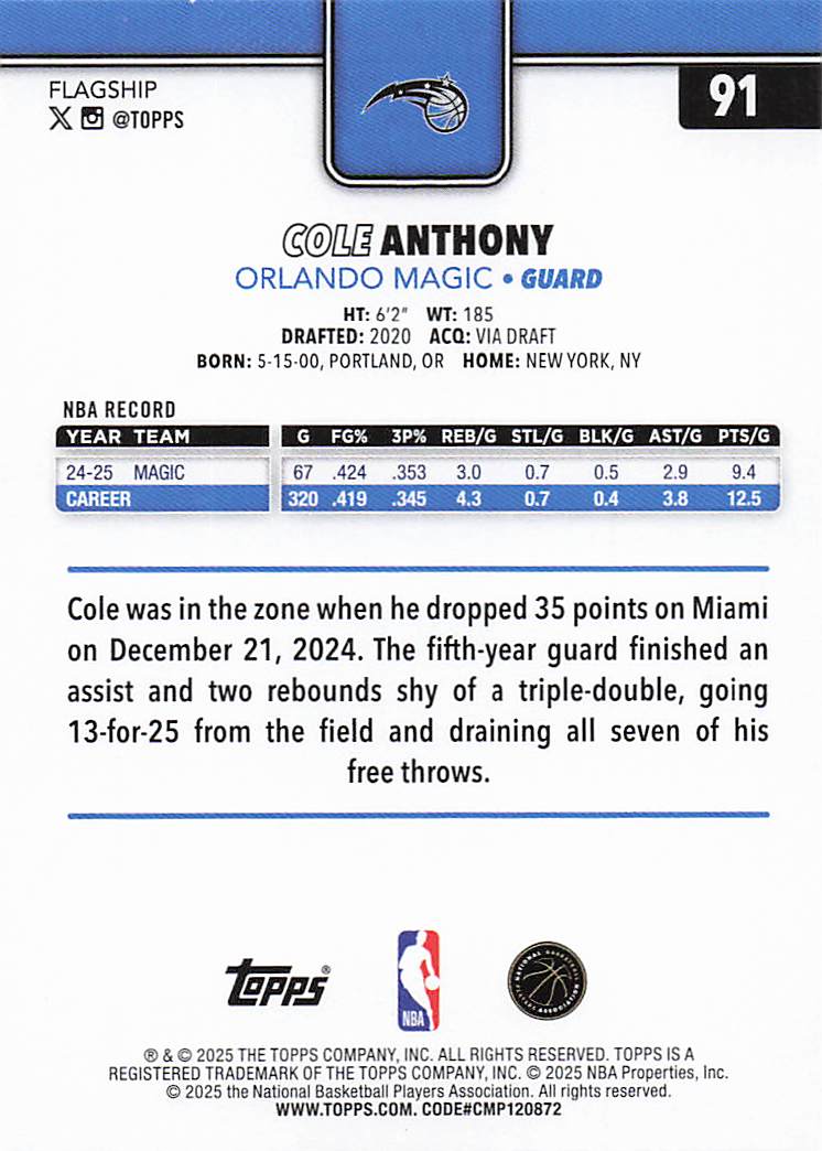 2025-26 Topps Basketball Cole Anthony #91