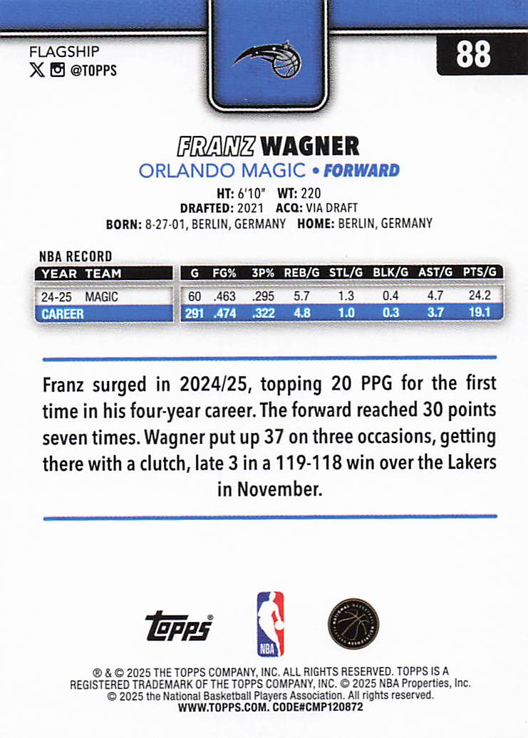 2025-26 Topps Basketball Franz Wagner #88