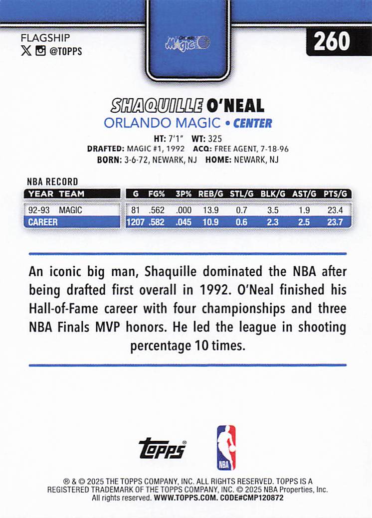 2025-26 Topps Basketball Shaquille O'Neal #260