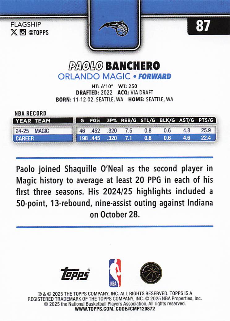 2025-26 Topps Basketball Paolo Banchero #87