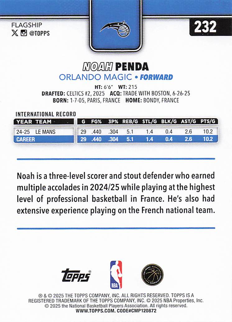 2025-26 Topps Basketball Noah Penda #232 Rookie