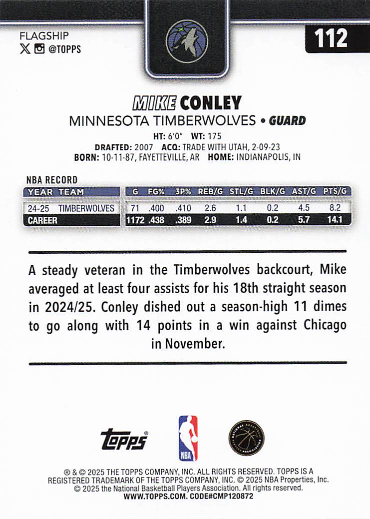 2025-26 Topps Basketball Mike Conley #112