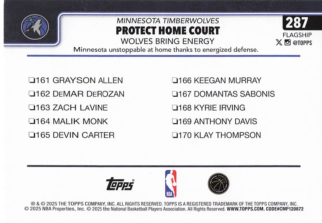 2025-26 Topps Basketball Protect Home Court: Wolves Bring Energy #287