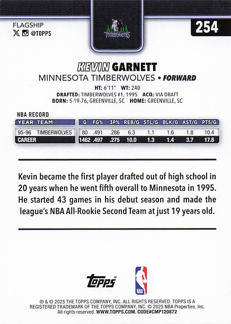 2025-26 Topps Basketball Kevin Garnett #254