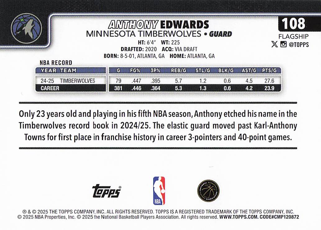 2025-26 Topps Basketball Anthony Edwards #108