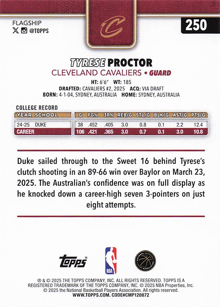 2025-26 Topps Basketball Tyrese Proctor #250 Rookie