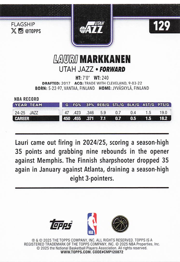 2025-26 Topps Basketball Lauri Markkanen #129