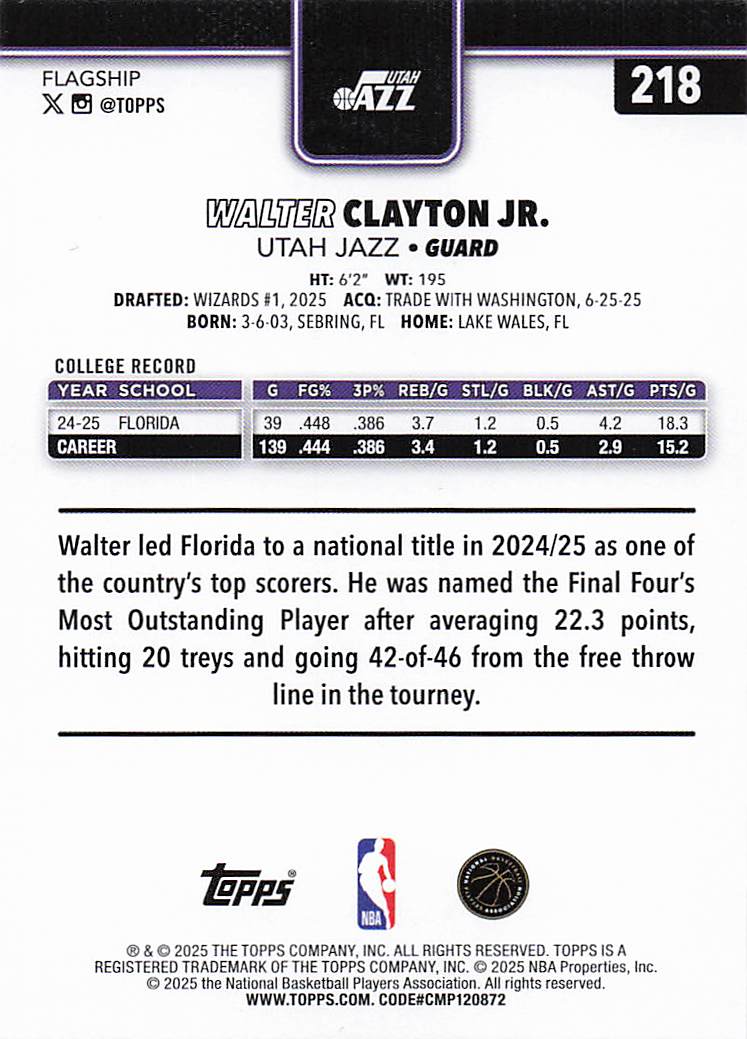 2025-26 Topps Basketball Walter Clayton Jr. #218 Rookie